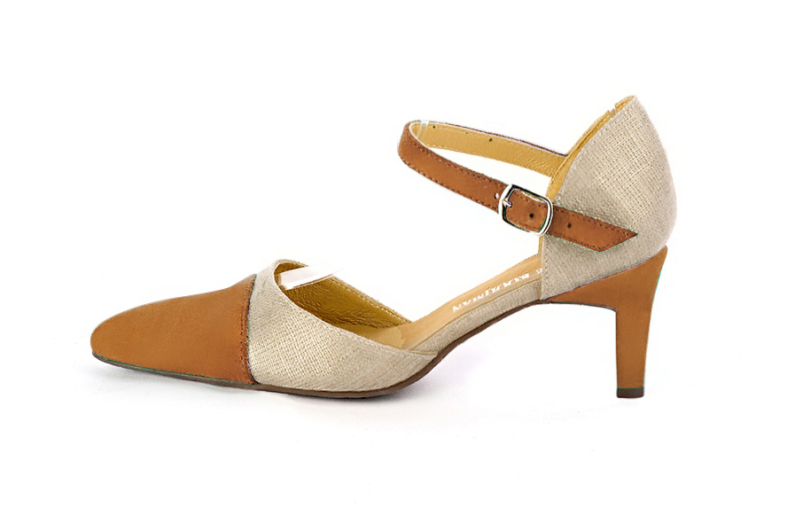 Women's camel beige and gold elegant closed-back heels, with an instep strap. Tapered toe. Medium comma heels - Profile view